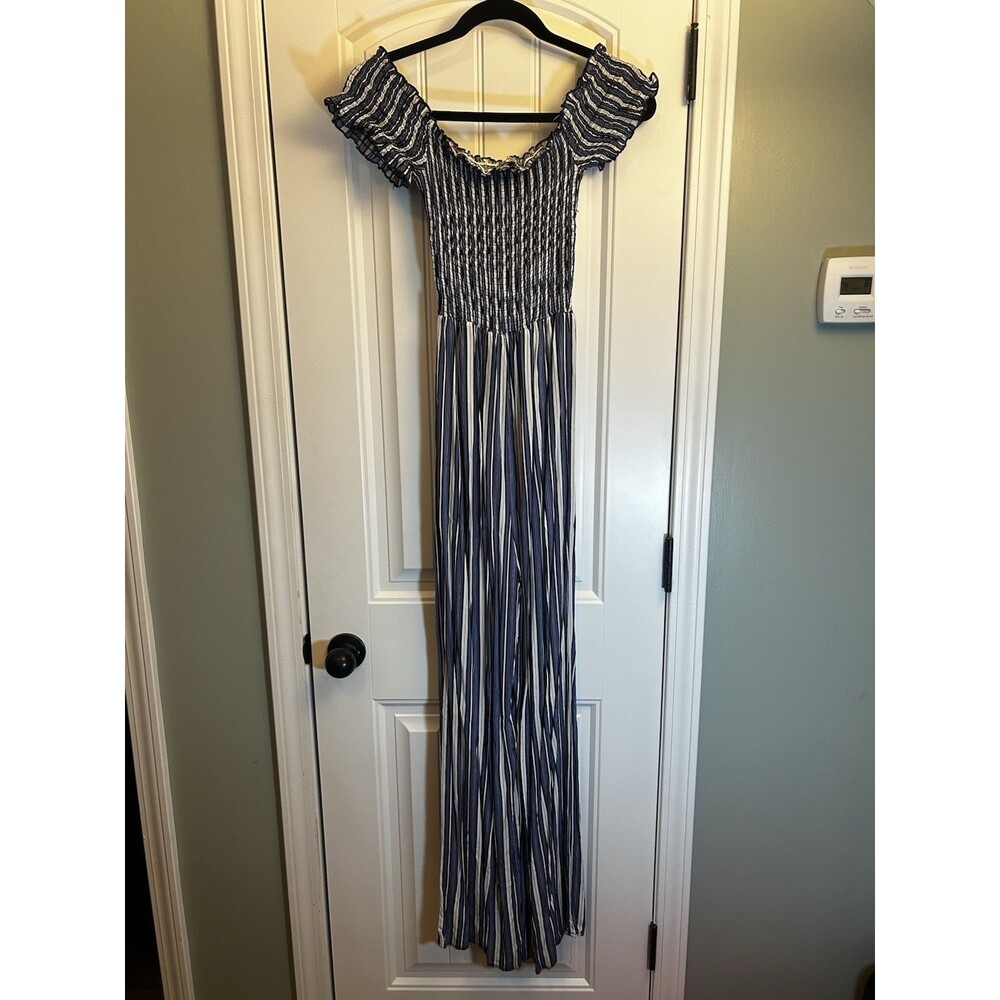 For Justify XL Blue White Stripe Smocked Wide Leg Off Shoulder Jumpsuit Romper - Picture 13 of 13